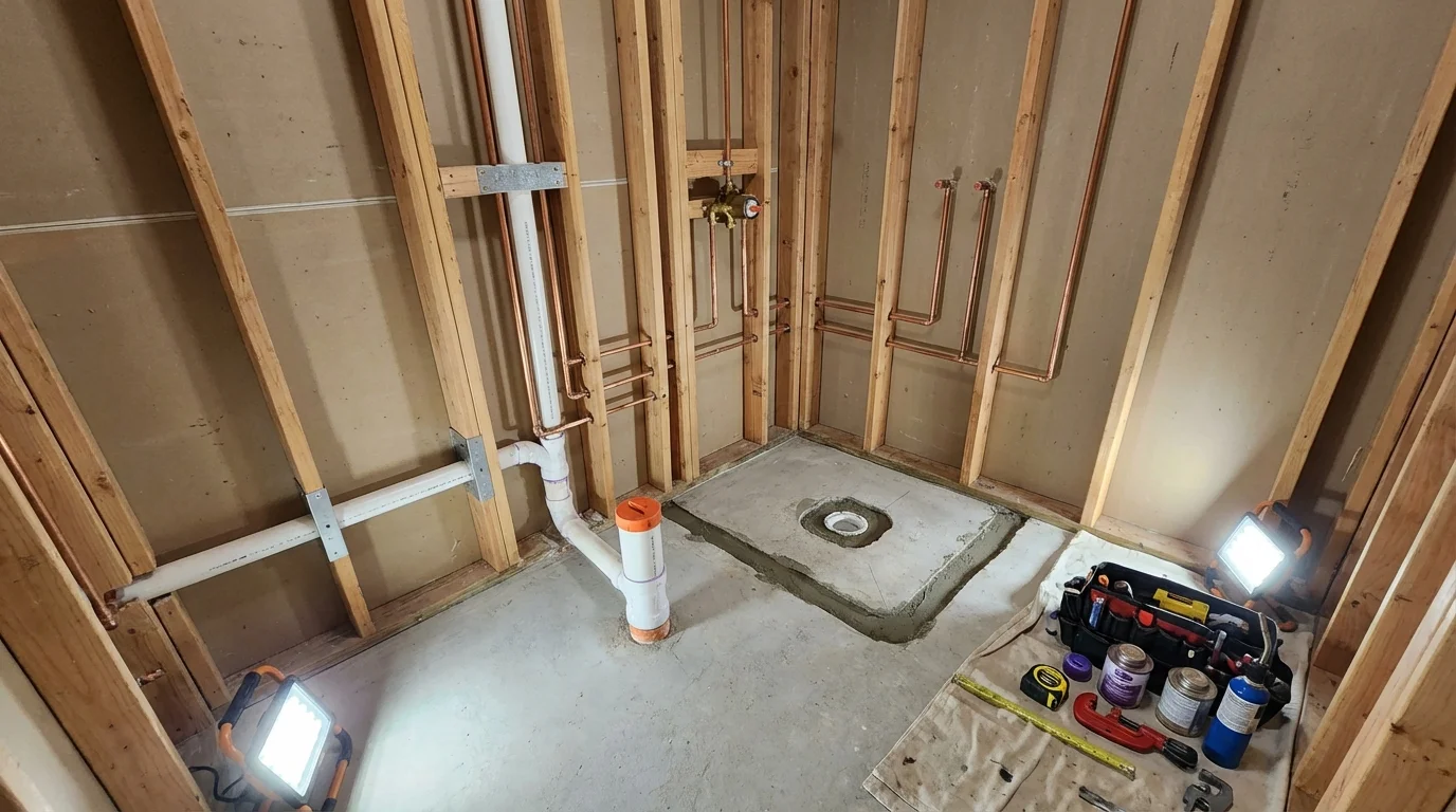 Bathroom rough-in plumbing during remodel by Johns Plumbing LLC in Oostburg