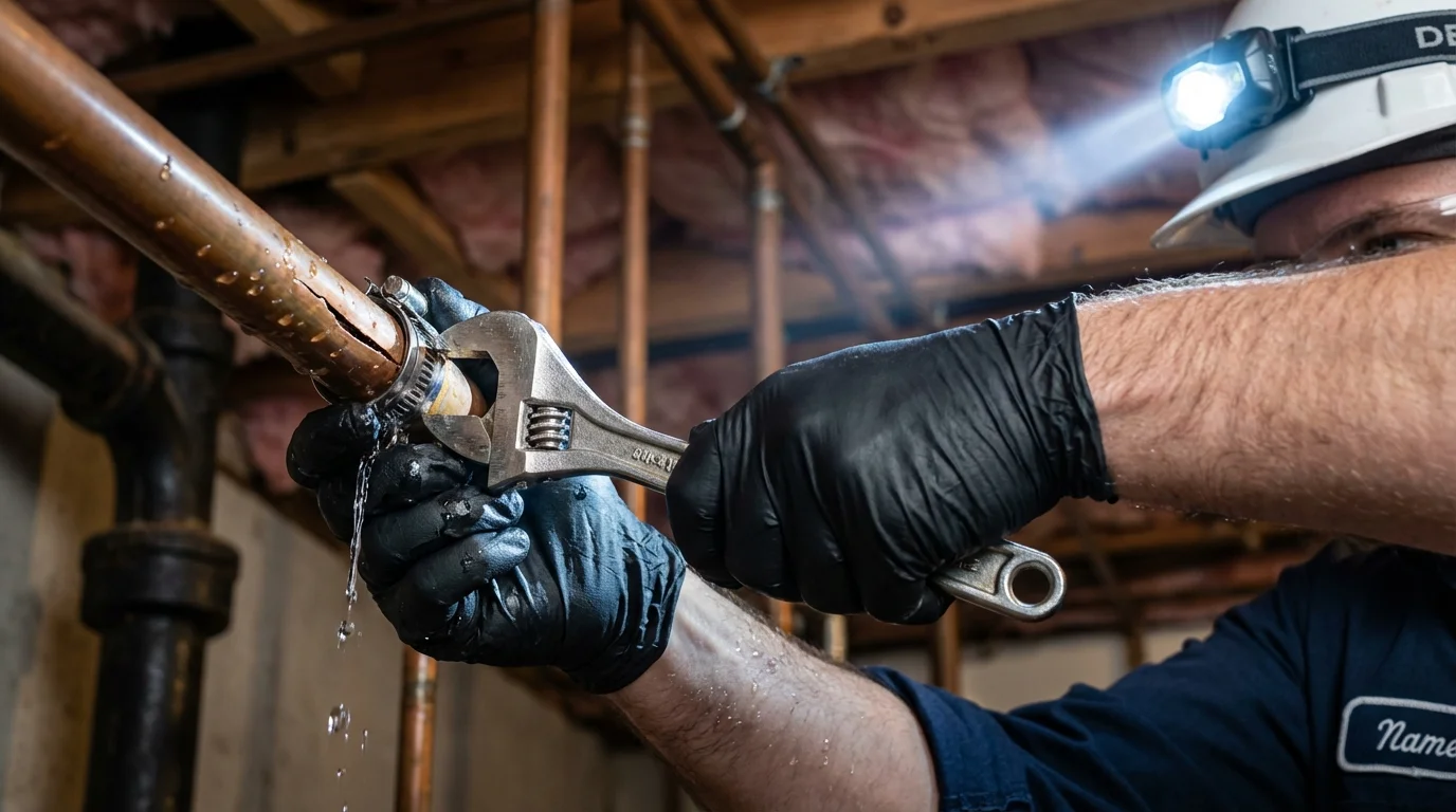 Emergency pipe clamp repair being performed by a Johns Plumbing LLC plumber in Oostburg