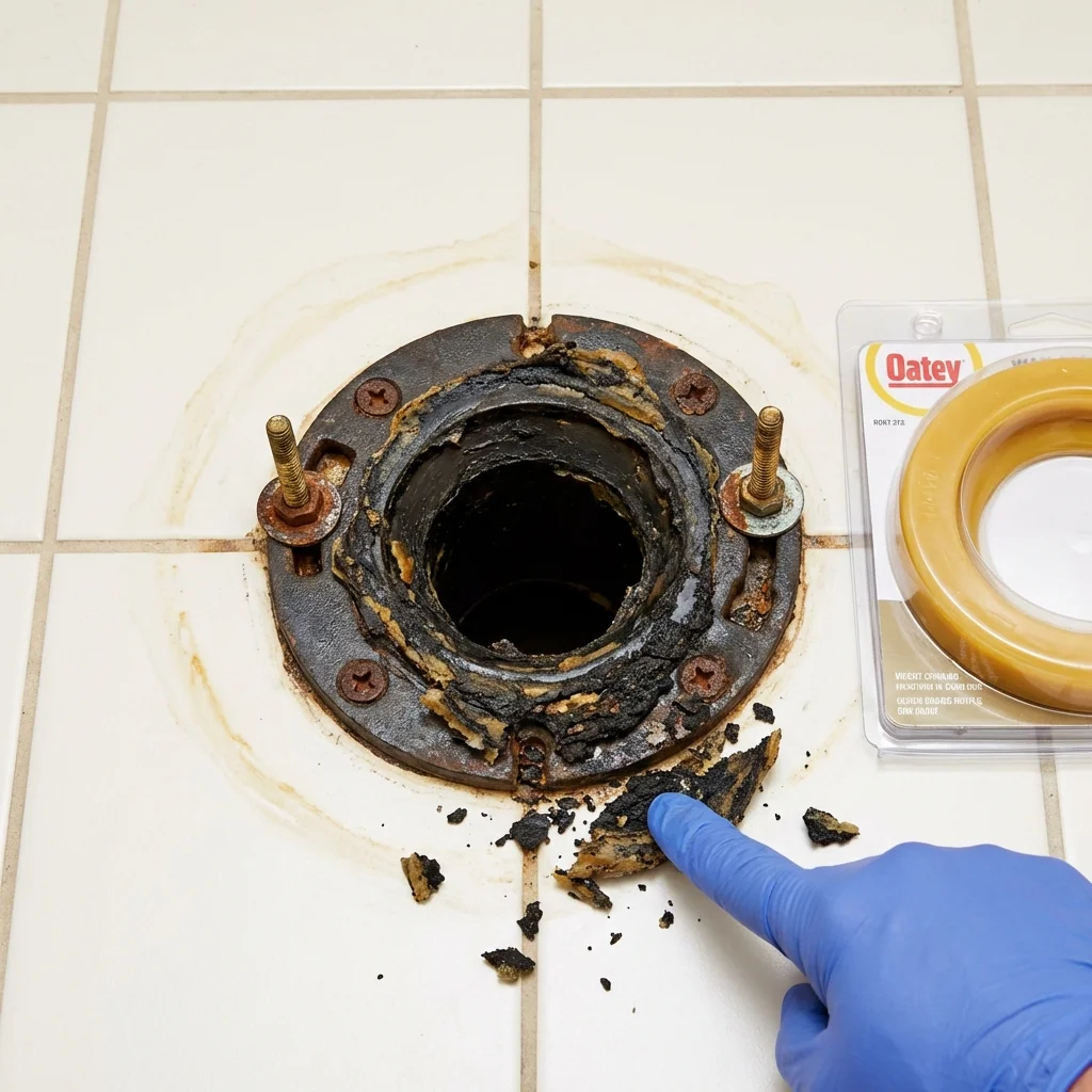 Failed wax ring showing water seepage at the base of a toilet in a Oostburg, WI home