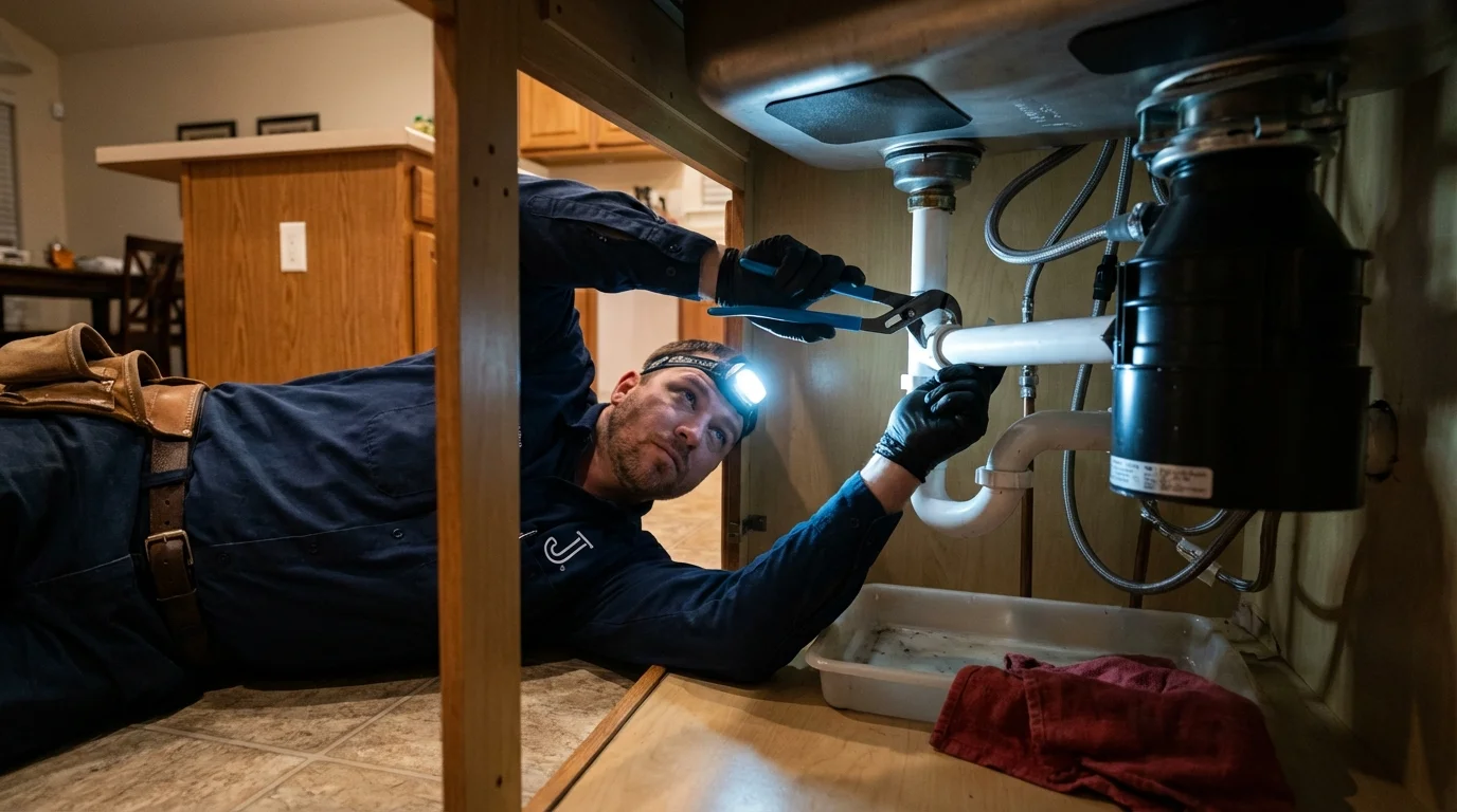 P-trap and supply line connections under a kitchen sink showing a common leak point in Oostburg, WI